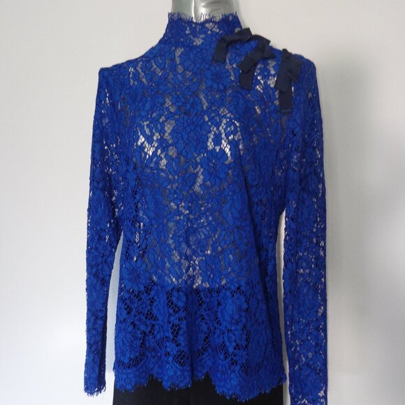J. Crew Mockneck Floral Lace Bows in Baroque Blue Top without Camisole Size 10 - Picture 1 of 8